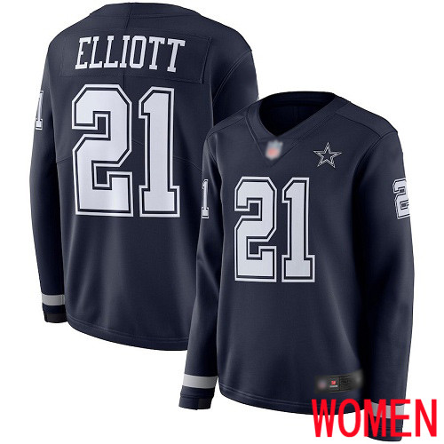 Women Dallas Cowboys Limited Navy Blue Ezekiel Elliott #21 Therma Long Sleeve NFL Jersey->women nfl jersey->Women Jersey